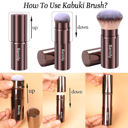 Makeup Brush Kabuki Face Brushes Retractable Travel Blush Brush Portable Flawless for Foundation, Powder Blush, Bronzer, Buffing, Liquid, Cream, Cruelty Free with Cover(Round-Head)